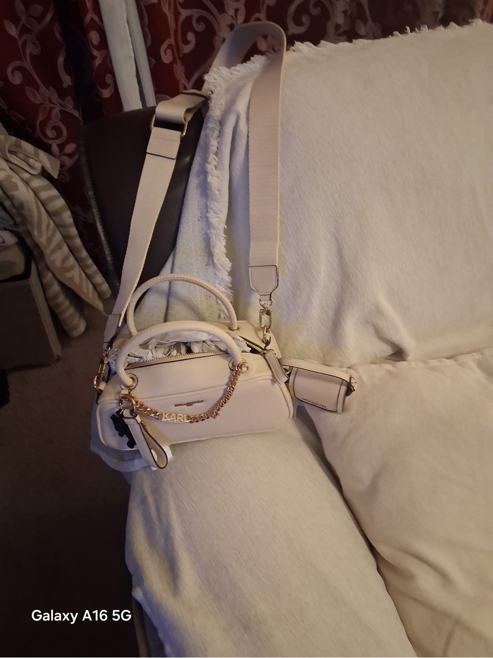 Karl Lagerfeld Pale Cream Mini Satchel with Gold Chain Detail